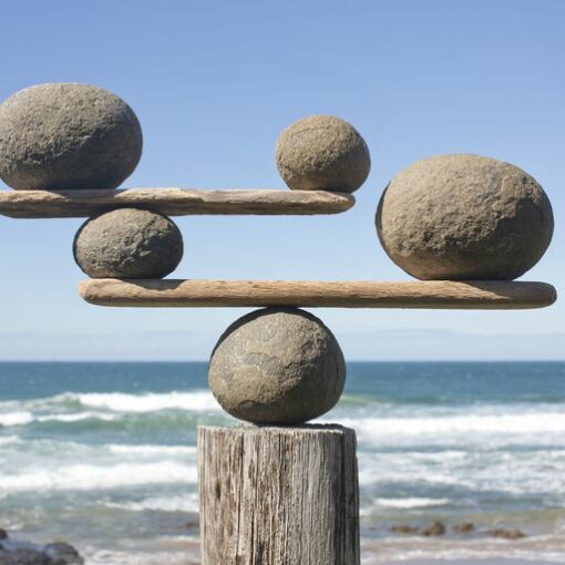 rocks-balancing-on-driftwood--sea-in-background
