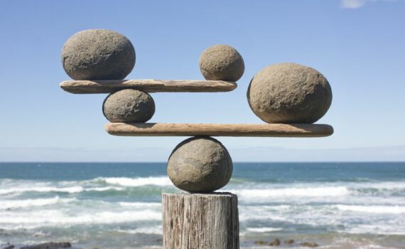 rocks-balancing-on-driftwood--sea-in-background